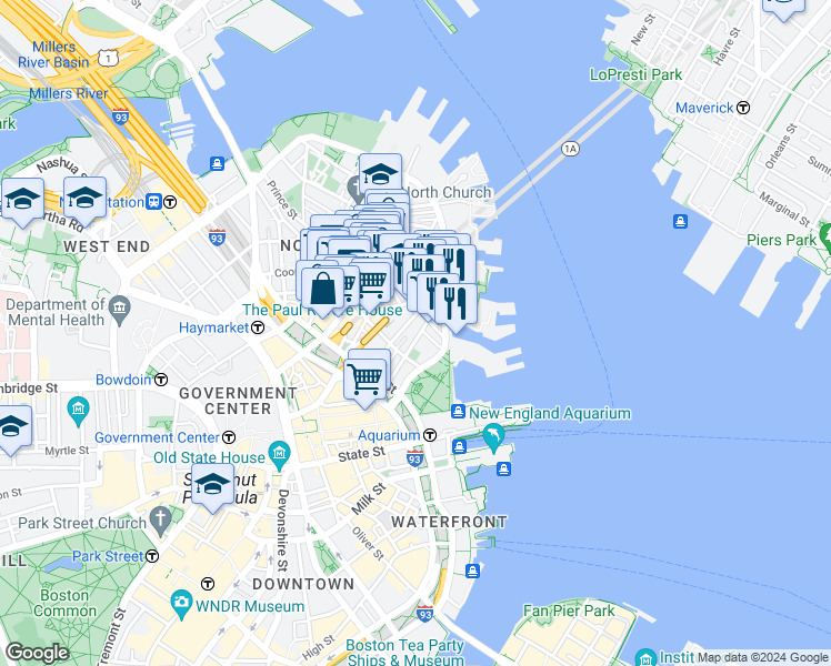 map of restaurants, bars, coffee shops, grocery stores, and more near 1 Commercial Wharf West in Boston