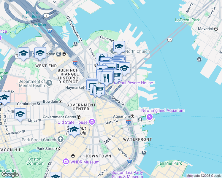 map of restaurants, bars, coffee shops, grocery stores, and more near in Boston