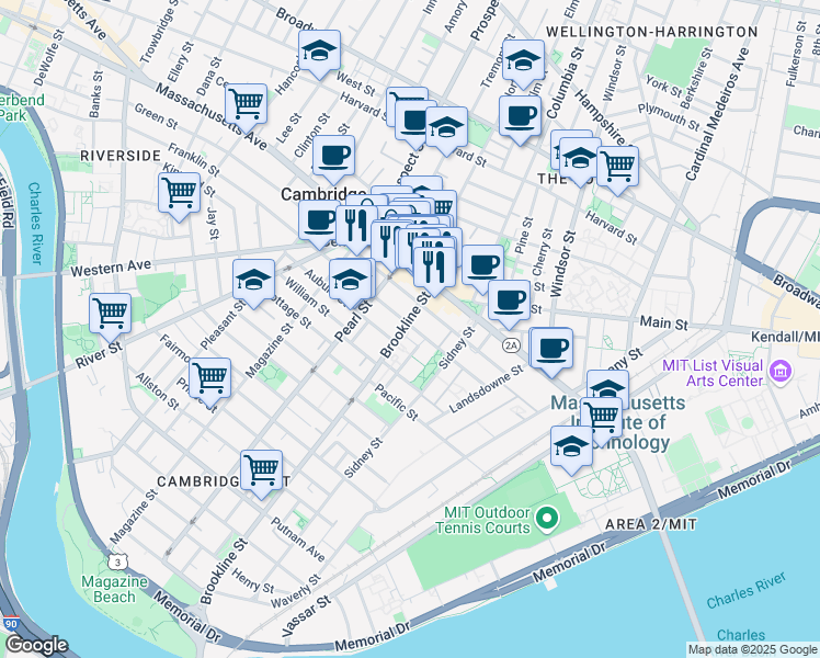 map of restaurants, bars, coffee shops, grocery stores, and more near 172 Franklin Street in Cambridge