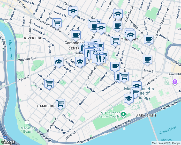 map of restaurants, bars, coffee shops, grocery stores, and more near 172 Franklin Street in Cambridge
