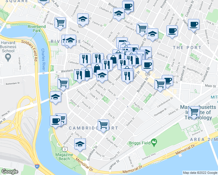 map of restaurants, bars, coffee shops, grocery stores, and more near 17 Pleasant Place in Cambridge