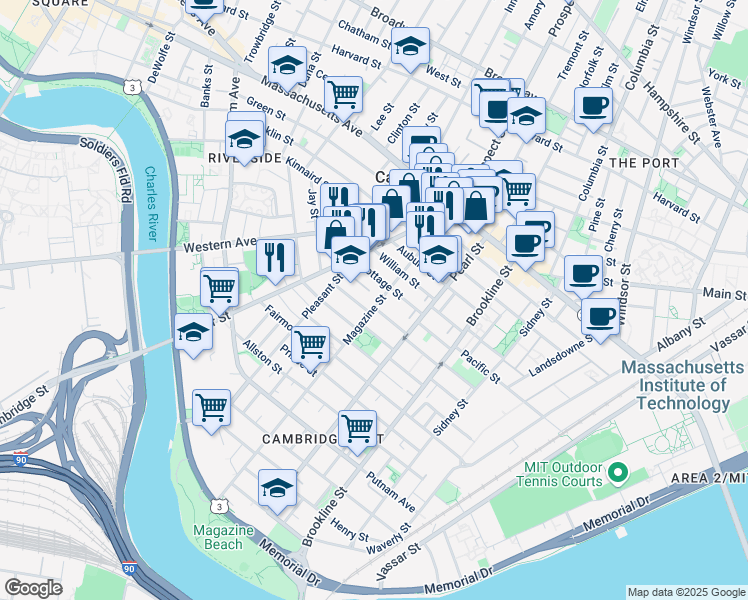 map of restaurants, bars, coffee shops, grocery stores, and more near 17 Pleasant Place in Cambridge