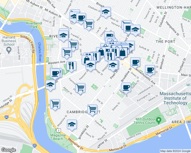 map of restaurants, bars, coffee shops, grocery stores, and more near 17 Pleasant Place in Cambridge