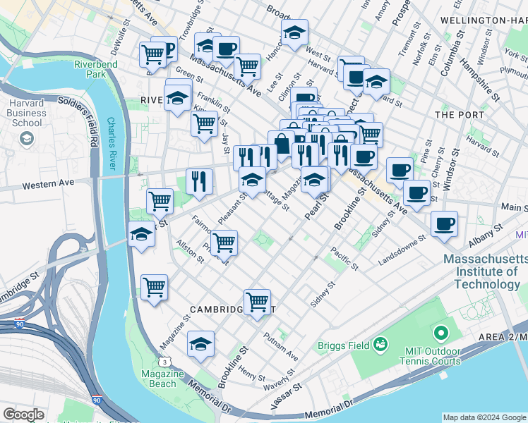 map of restaurants, bars, coffee shops, grocery stores, and more near 17 Pleasant Place in Cambridge