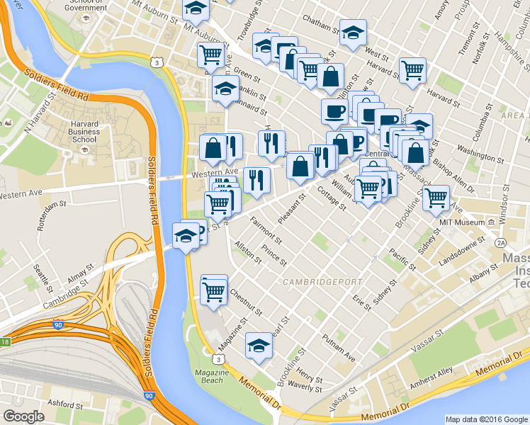 map of restaurants, bars, coffee shops, grocery stores, and more near 17 Laurel Street in Cambridge