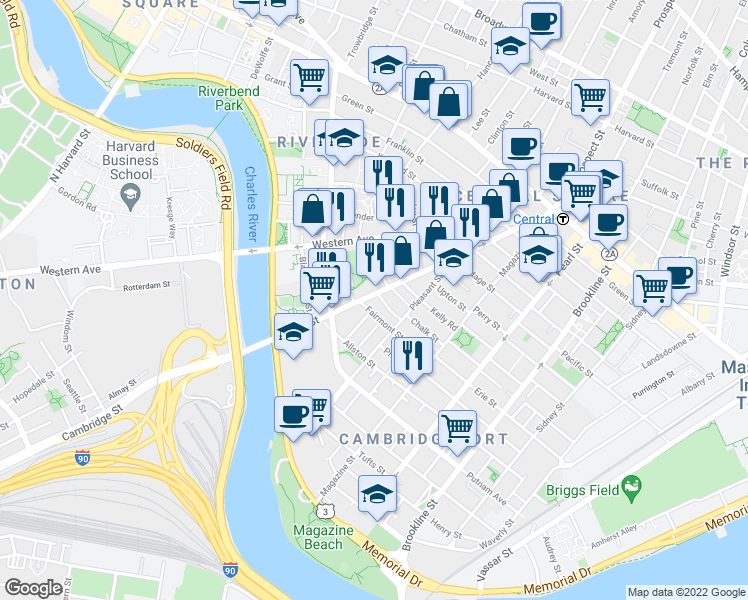 map of restaurants, bars, coffee shops, grocery stores, and more near 241 River Street in Cambridge