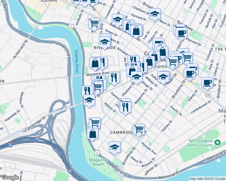 map of restaurants, bars, coffee shops, grocery stores, and more near 241 River Street in Cambridge