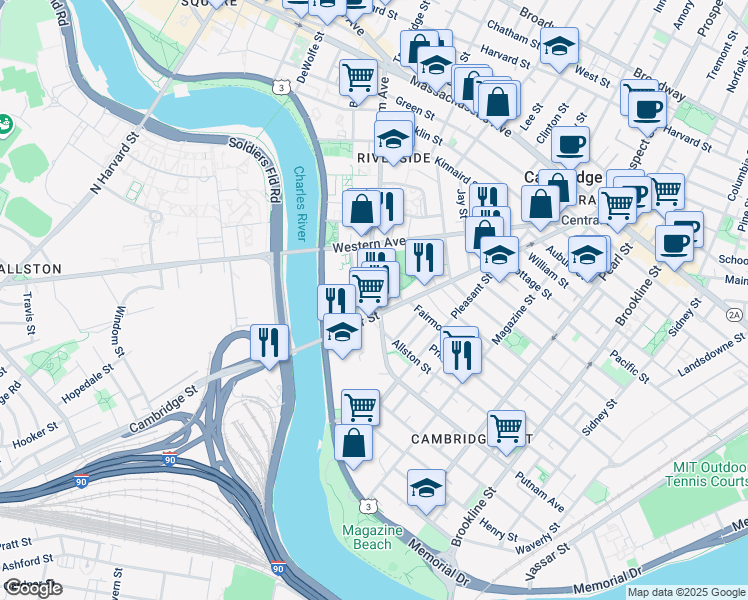 map of restaurants, bars, coffee shops, grocery stores, and more near 327 River Street in Cambridge