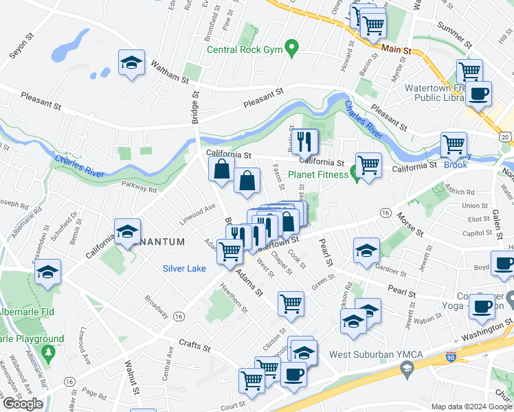 map of restaurants, bars, coffee shops, grocery stores, and more near in Newton