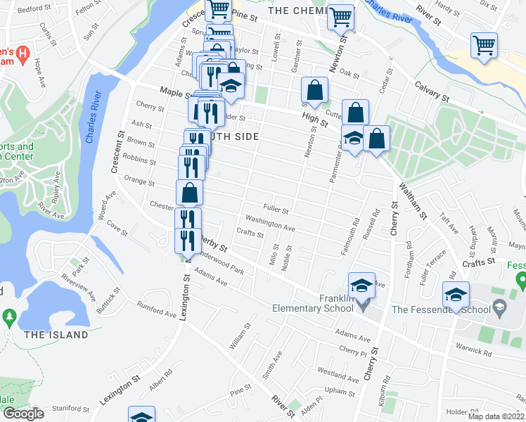 map of restaurants, bars, coffee shops, grocery stores, and more near 20 Fuller Street in Waltham