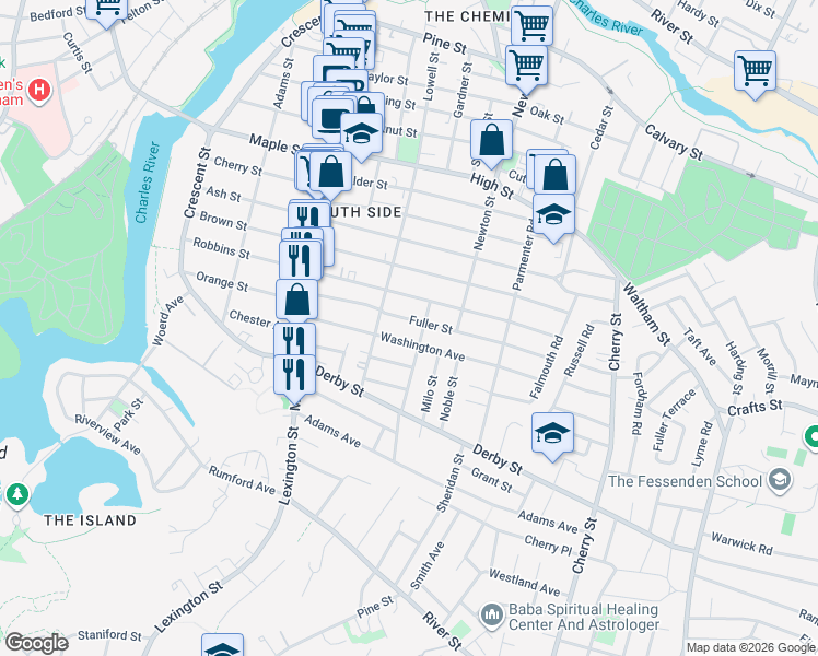 map of restaurants, bars, coffee shops, grocery stores, and more near 20 Fuller Street in Waltham