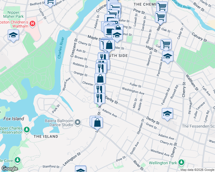 map of restaurants, bars, coffee shops, grocery stores, and more near 16 Washington Avenue in Waltham