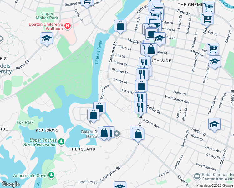 map of restaurants, bars, coffee shops, grocery stores, and more near 334 Crescent Street in Waltham