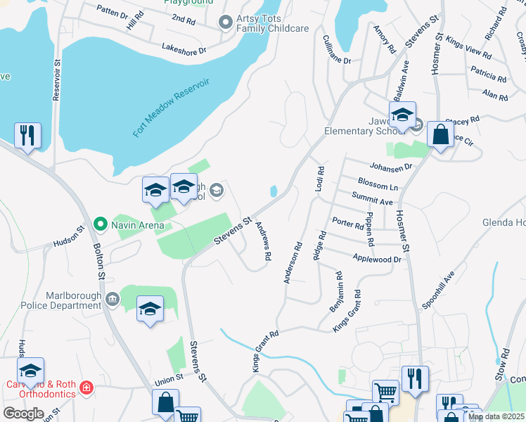 map of restaurants, bars, coffee shops, grocery stores, and more near 532 Stevens Street in Marlborough