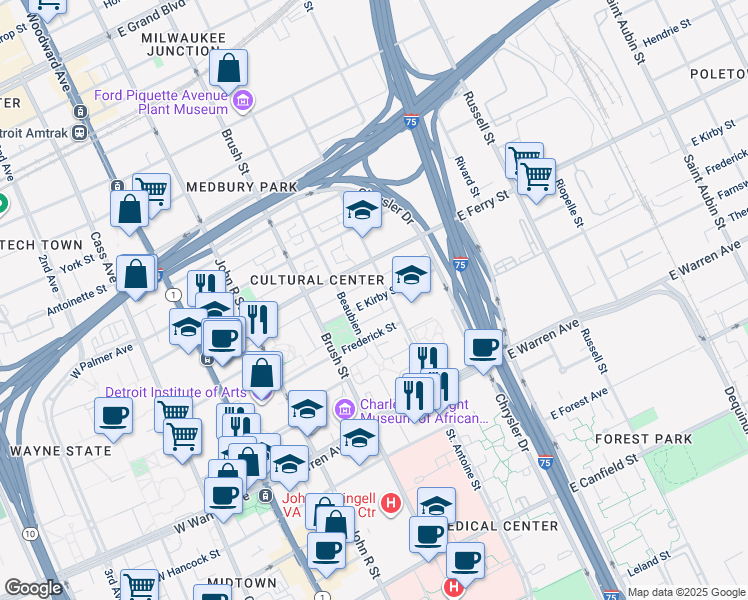 map of restaurants, bars, coffee shops, grocery stores, and more near 575 East Kirby Street in Detroit