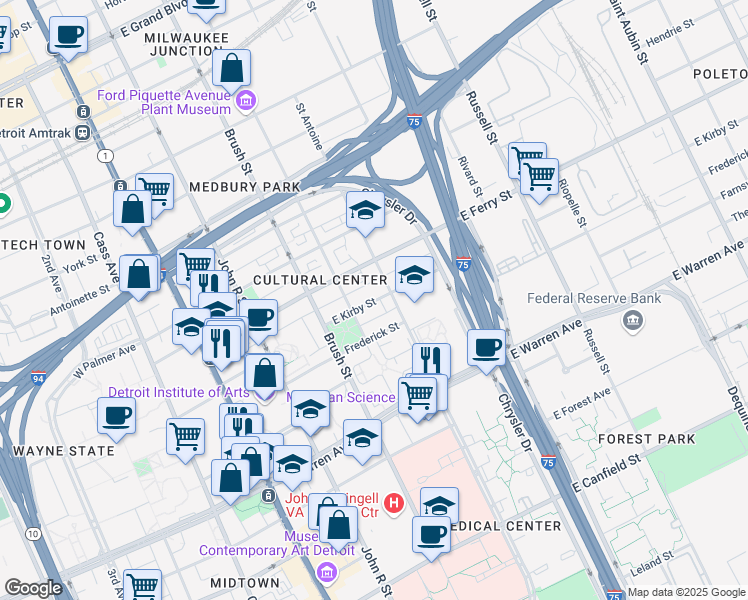 map of restaurants, bars, coffee shops, grocery stores, and more near 575 East Kirby Street in Detroit