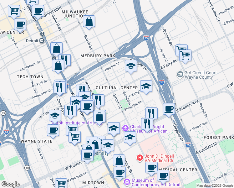 map of restaurants, bars, coffee shops, grocery stores, and more near in Detroit