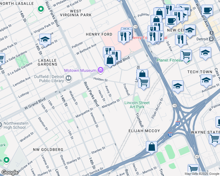 map of restaurants, bars, coffee shops, grocery stores, and more near 6215 Commonwealth Street in Detroit