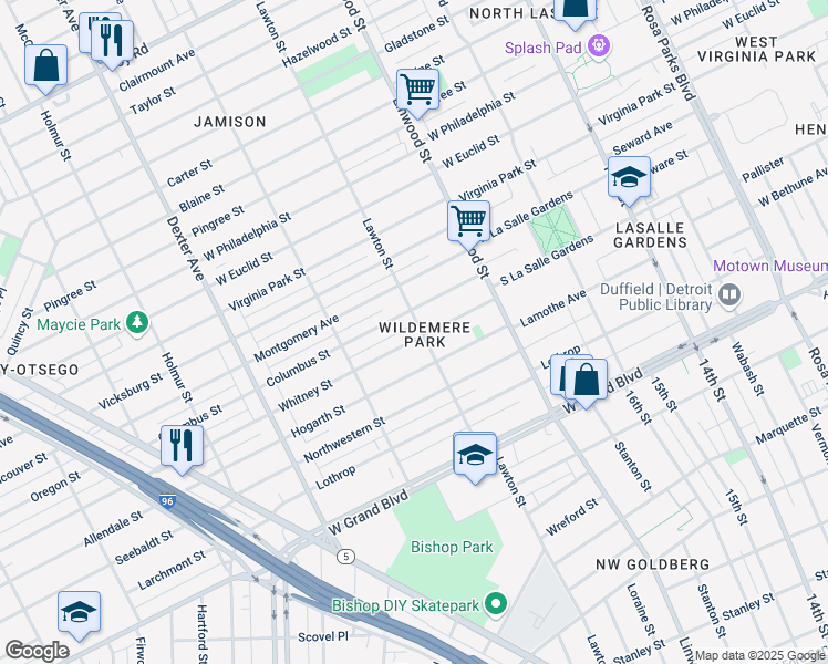 map of restaurants, bars, coffee shops, grocery stores, and more near 2931 Columbus Street in Detroit