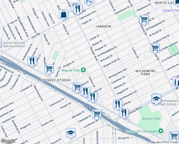 map of restaurants, bars, coffee shops, grocery stores, and more near 3799 West Euclid Street in Detroit