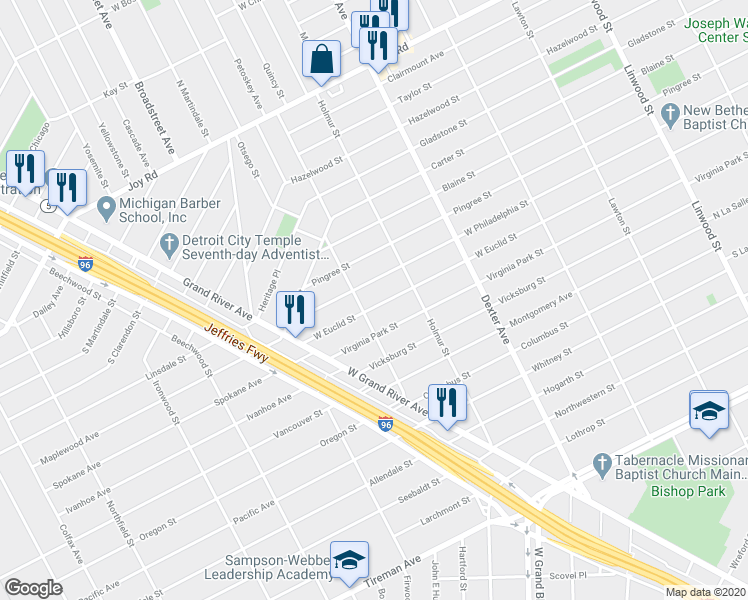 map of restaurants, bars, coffee shops, grocery stores, and more near 4109 West Philadelphia Street in Detroit