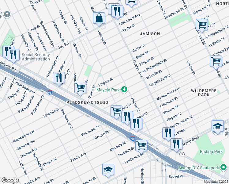 map of restaurants, bars, coffee shops, grocery stores, and more near 4109 West Philadelphia Street in Detroit