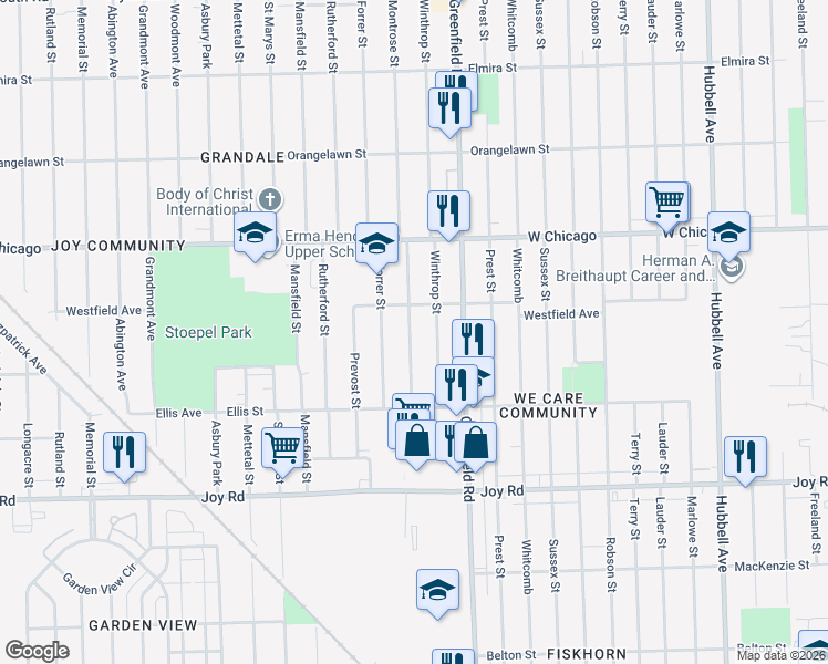 map of restaurants, bars, coffee shops, grocery stores, and more near 9218 Montrose Street in Detroit