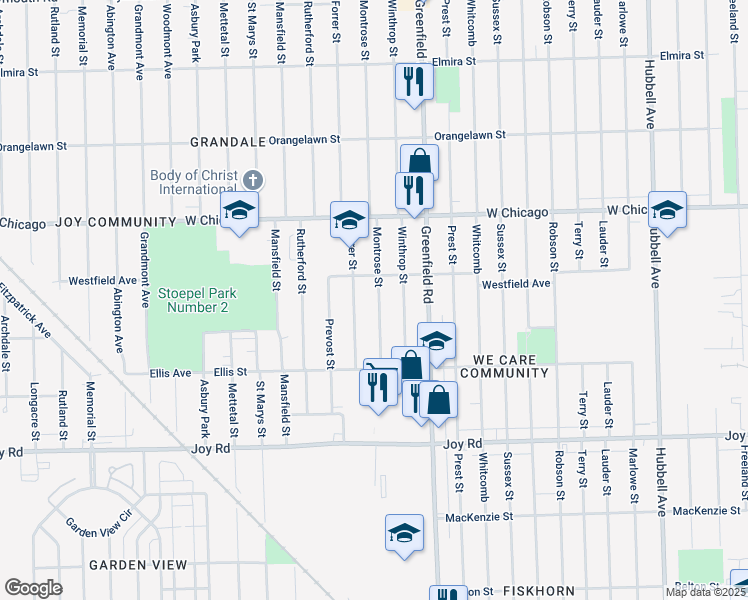 map of restaurants, bars, coffee shops, grocery stores, and more near 9218 Montrose Street in Detroit