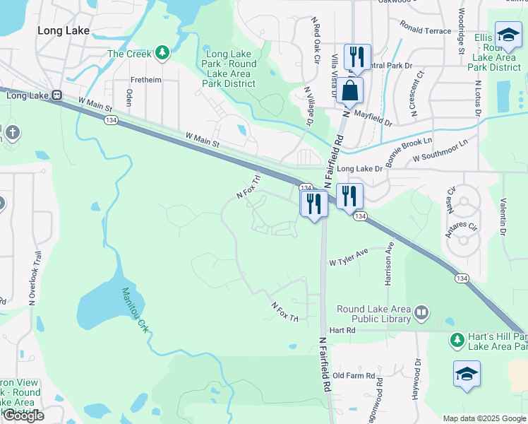 map of restaurants, bars, coffee shops, grocery stores, and more near 1399 Coventry Glen Drive in Round Lake