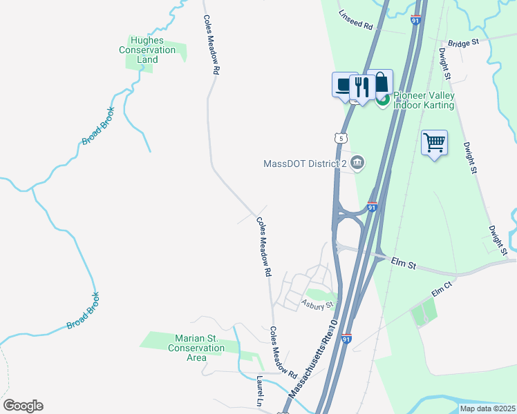 map of restaurants, bars, coffee shops, grocery stores, and more near 255 Coles Meadow Road in Northampton
