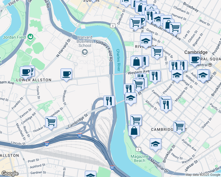 map of restaurants, bars, coffee shops, grocery stores, and more near 700 Soldiers Field Road in Boston