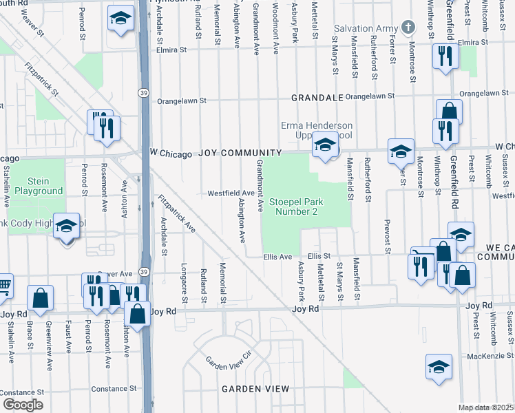 map of restaurants, bars, coffee shops, grocery stores, and more near 9209 Grandmont Avenue in Detroit