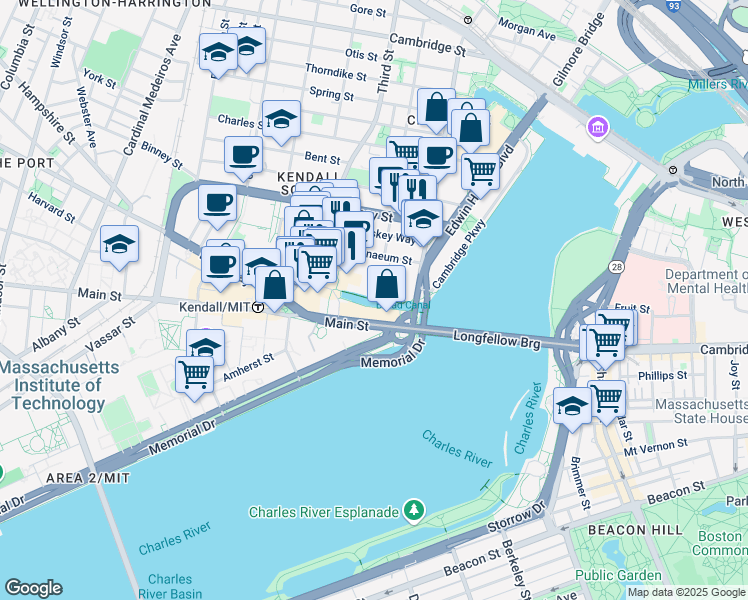 map of restaurants, bars, coffee shops, grocery stores, and more near Broad Canal Walk in Cambridge