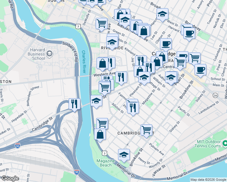map of restaurants, bars, coffee shops, grocery stores, and more near in Cambridge