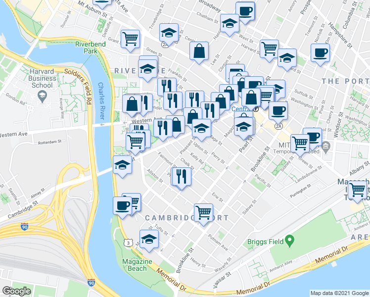 map of restaurants, bars, coffee shops, grocery stores, and more near Pleasant St & Kelly Rd in Mid-Cambridge