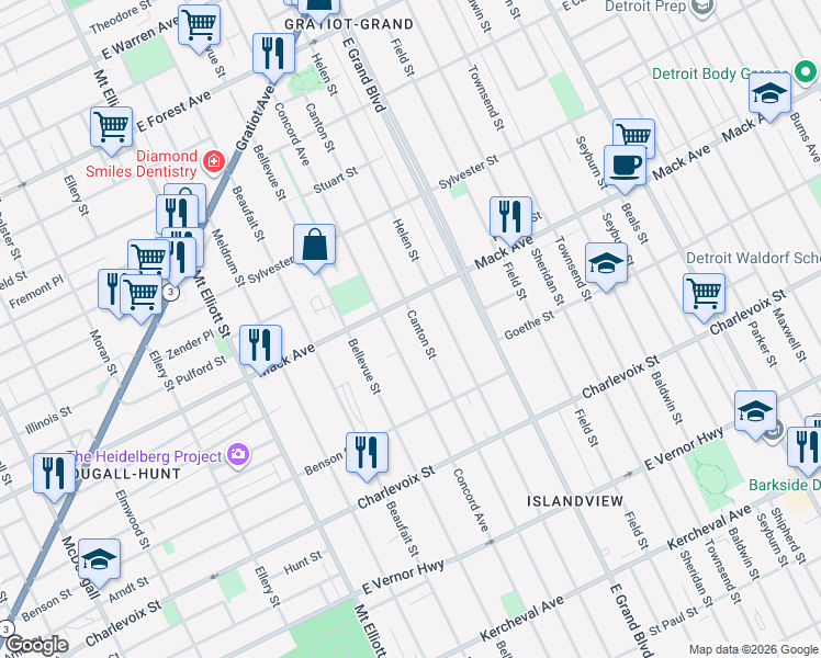 map of restaurants, bars, coffee shops, grocery stores, and more near 3268 Canton Street in Detroit