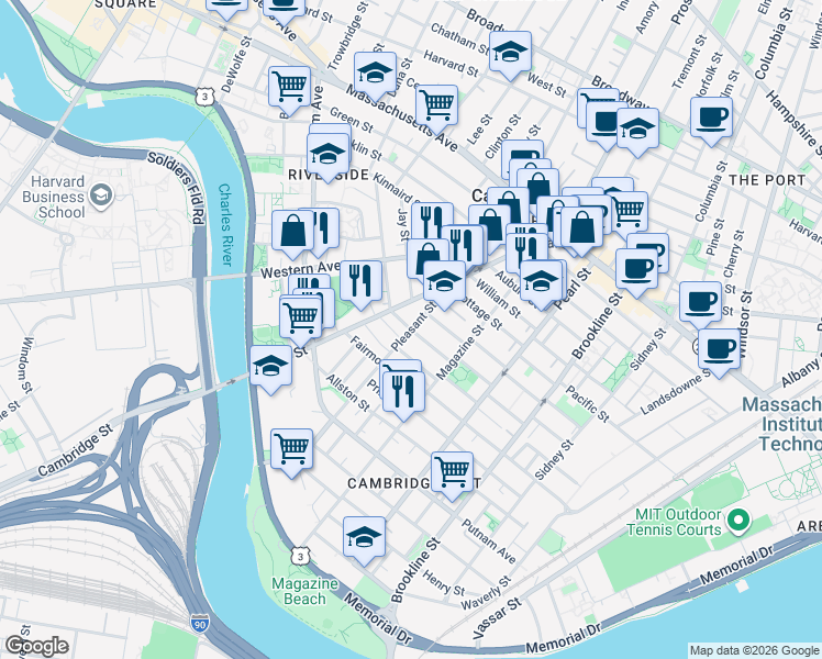 map of restaurants, bars, coffee shops, grocery stores, and more near Pleasant St & Kelly Rd in Cambridge