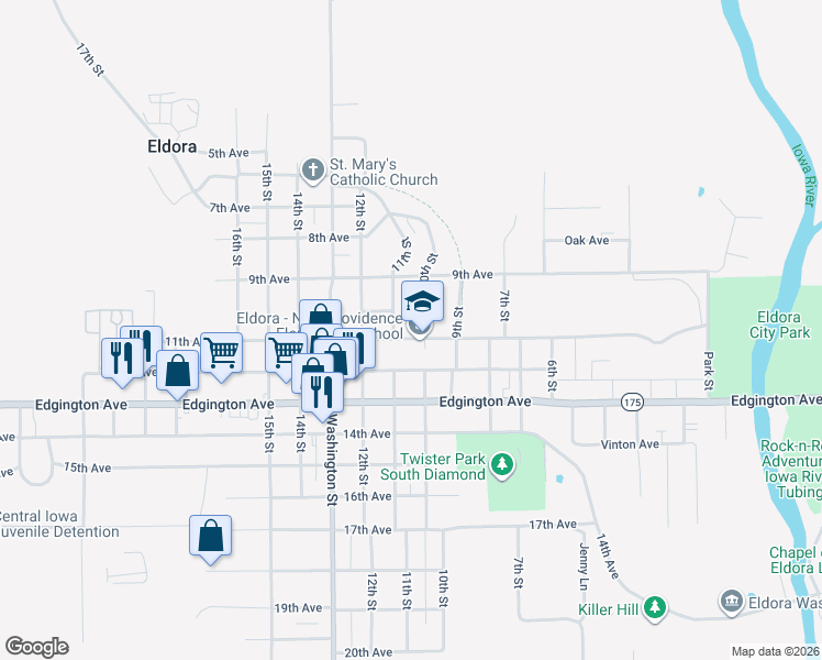 map of restaurants, bars, coffee shops, grocery stores, and more near 1006 10th Street in Eldora