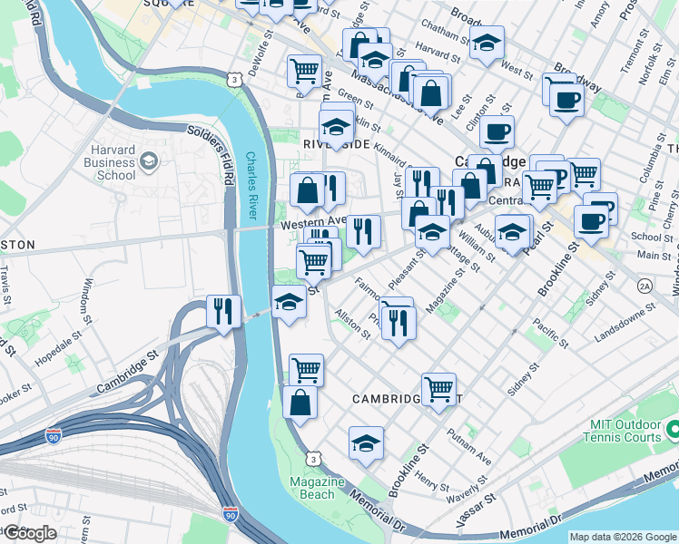 map of restaurants, bars, coffee shops, grocery stores, and more near 327 River Street in Cambridge