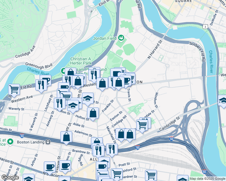map of restaurants, bars, coffee shops, grocery stores, and more near 224 Western Avenue in Boston