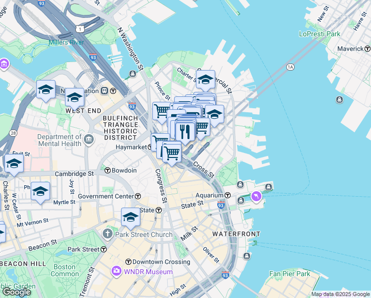 map of restaurants, bars, coffee shops, grocery stores, and more near 252 Hanover Street in Boston