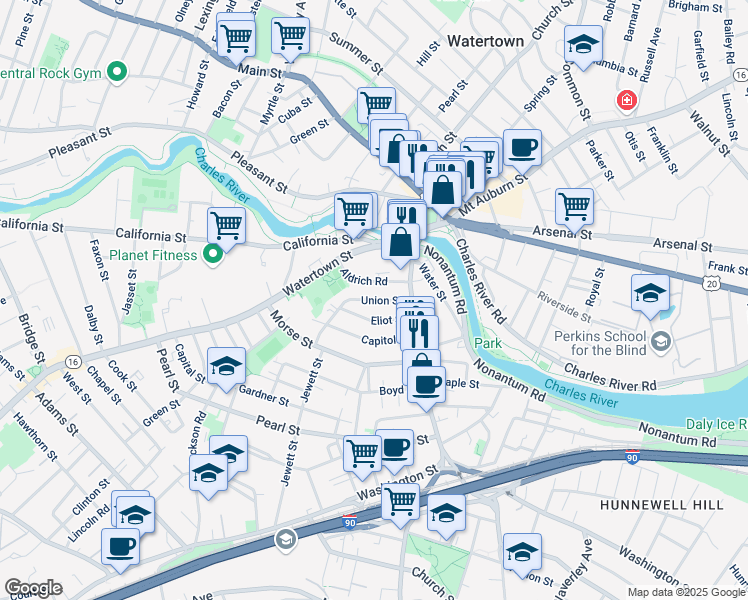 map of restaurants, bars, coffee shops, grocery stores, and more near 23 Union Street in Watertown