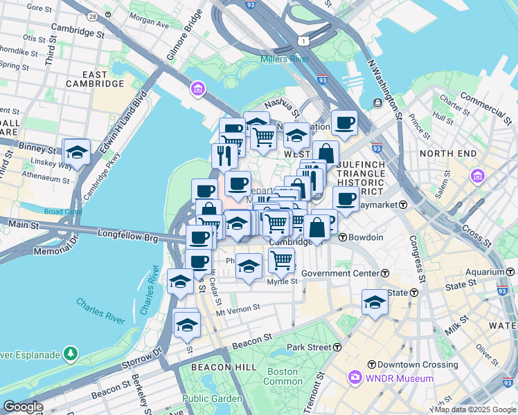 map of restaurants, bars, coffee shops, grocery stores, and more near 50 Blossom Street in Boston