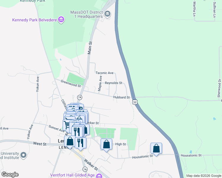 map of restaurants, bars, coffee shops, grocery stores, and more near 34 Ash Street in Lenox