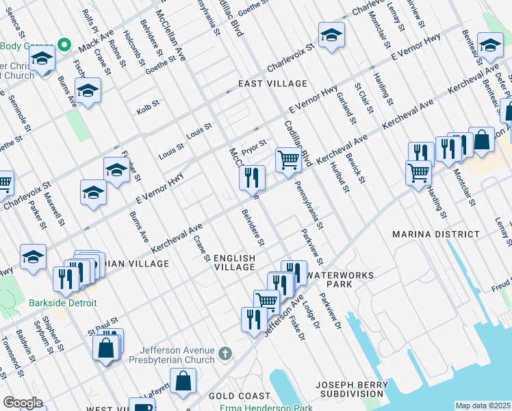 map of restaurants, bars, coffee shops, grocery stores, and more near 1937 McClellan Avenue in Detroit