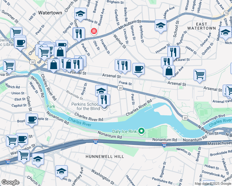 map of restaurants, bars, coffee shops, grocery stores, and more near 175 North Beacon Street in Watertown