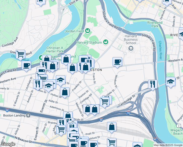 map of restaurants, bars, coffee shops, grocery stores, and more near 9 Travis St in Allston