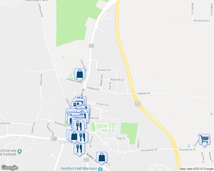 map of restaurants, bars, coffee shops, grocery stores, and more near 11 Ash Street in Lenox