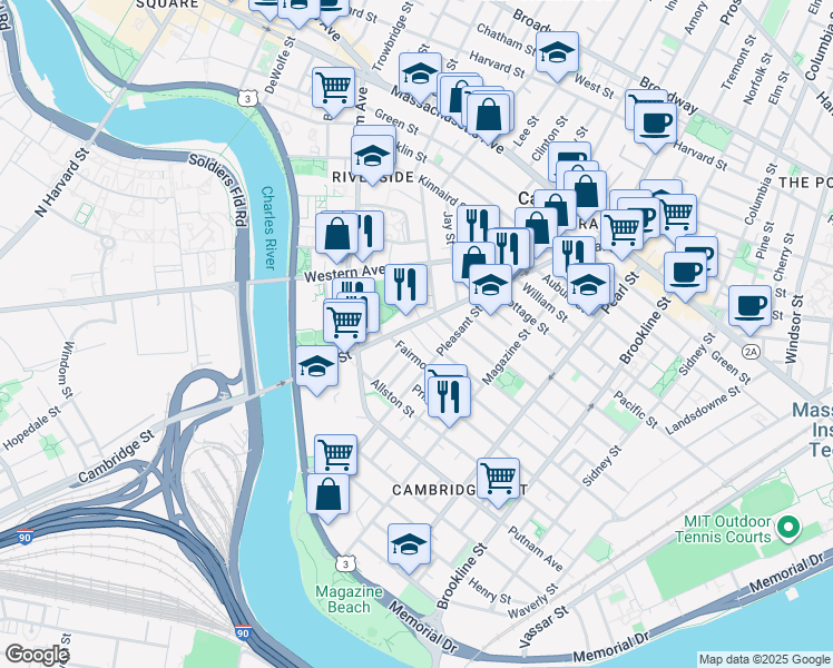 map of restaurants, bars, coffee shops, grocery stores, and more near 21 Rockwell Street in Cambridge