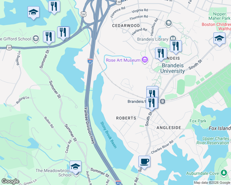 map of restaurants, bars, coffee shops, grocery stores, and more near 130 Turner Street in Waltham